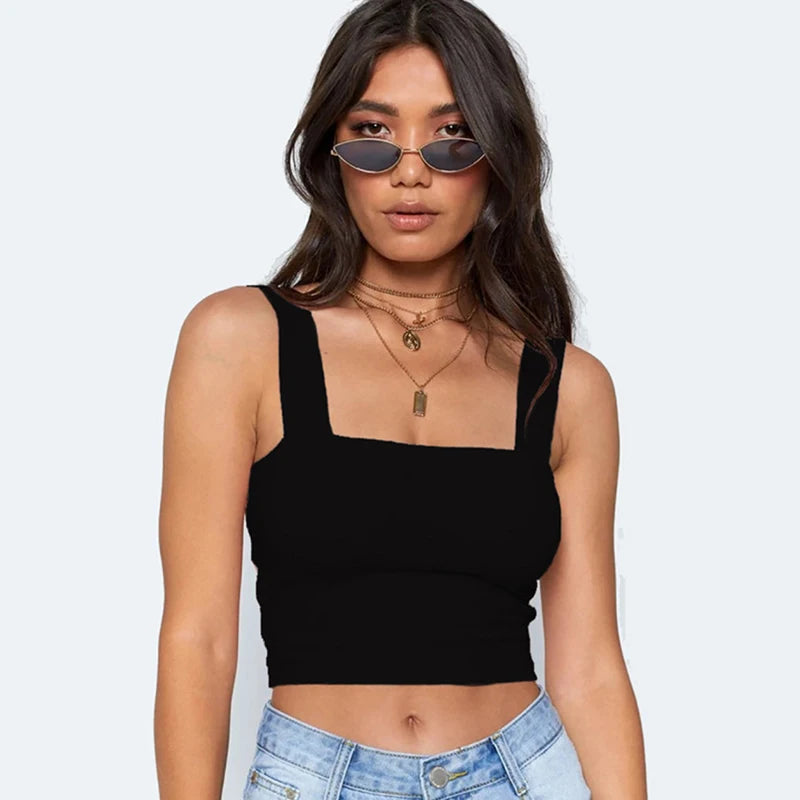 TONGYANG Square Neck Sleeveless Summer Crop Top Women Casual Basic T Shirt Off Shoulder Cami Sexy Backless Tank Top