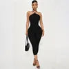 Sexy Halter Neck High Quality Ribbed Solid Color Casual Women Summer Jumpsuits One Piece