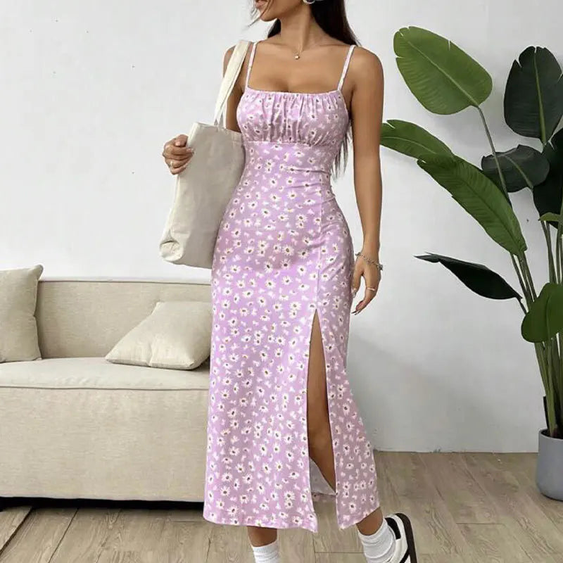 Women's Spaghetti Strap Floral Print Midi Dress, Bodycon Slit Hem Casual Summer Dress