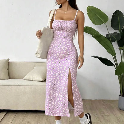 Women's Spaghetti Strap Floral Print Midi Dress, Bodycon Slit Hem Casual Summer Dress