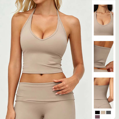 YIYI butter feeling adjustable Halter Beauty back women's yoga cropped tops v-neck Lightweight Removable pad sports tank top