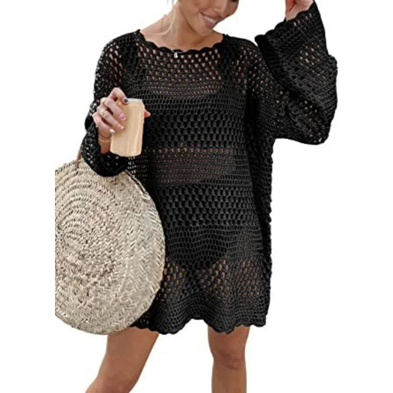 Summer Women's Crochet Swim Cover-Up Knit Pullover Beach Dress Swimwear Bathing Suit for Beach & Pool
