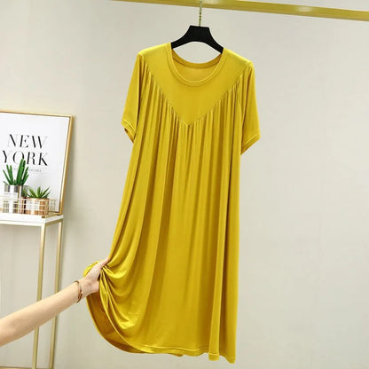 Summer New Women'S Loose Versatile Short-Sleeved Round Neck Nightgown Solid Color Dresses