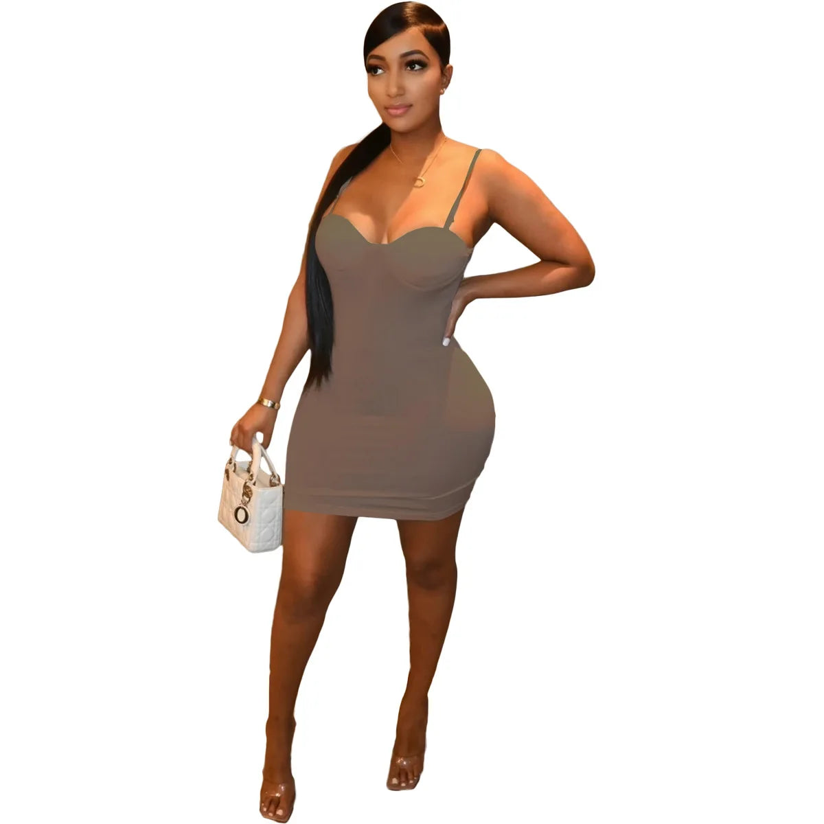 2024 Summer Women's New Sexy Satin Bodycon Dress Low-cut Suspenders High Waist Slim Casual Style Breathable Natural Waistline