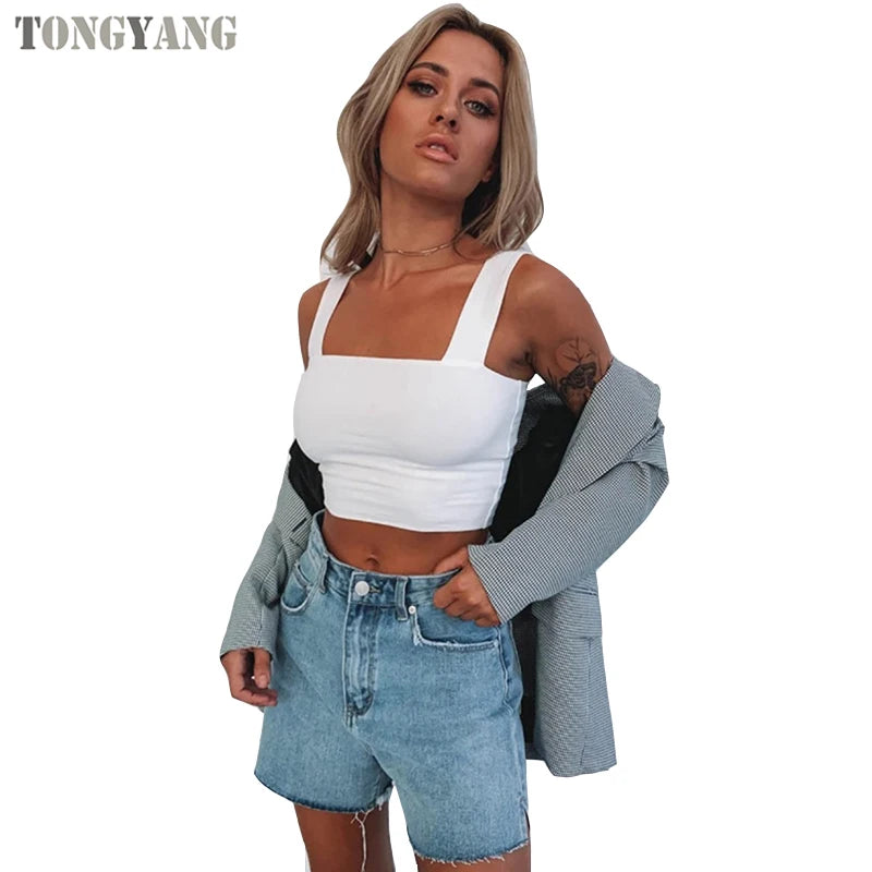 TONGYANG Square Neck Sleeveless Summer Crop Top Women Casual Basic T Shirt Off Shoulder Cami Sexy Backless Tank Top