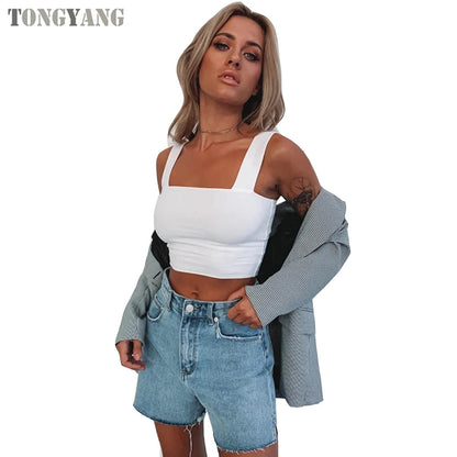 TONGYANG Square Neck Sleeveless Summer Crop Top Women Casual Basic T Shirt Off Shoulder Cami Sexy Backless Tank Top