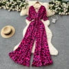 Summer Casual V-Neck Tunic Jumpsuit For Women Flare Sleeve High Waist Leopard Printed Lace Long Jumpsuit Wholesale