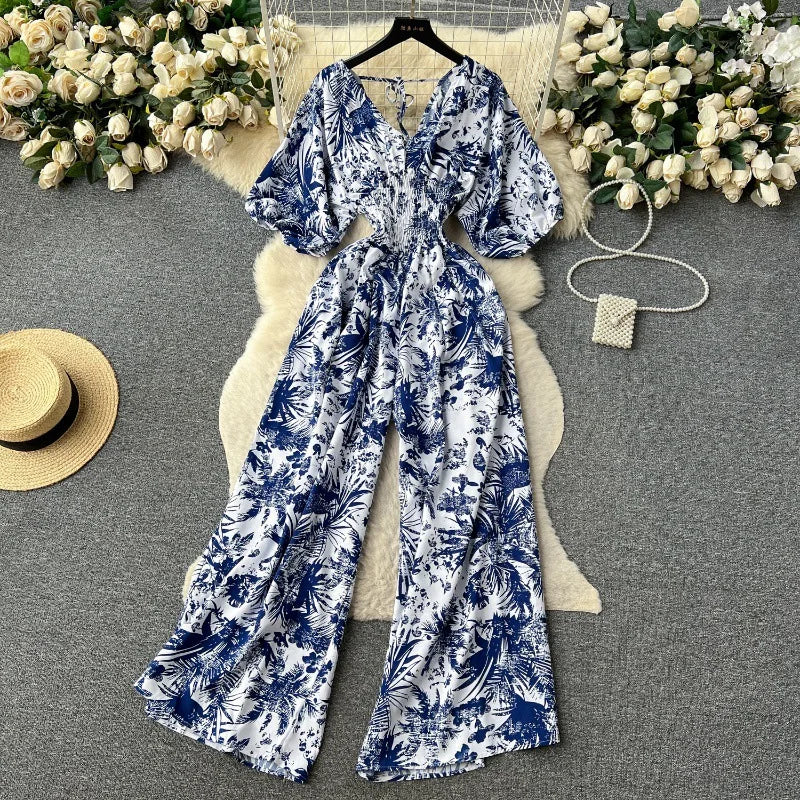 Casual V Neck Slim Jumpsuit for Women Puff Sleeve High Waist Printed Lace Long Jumpsuit Wholesale