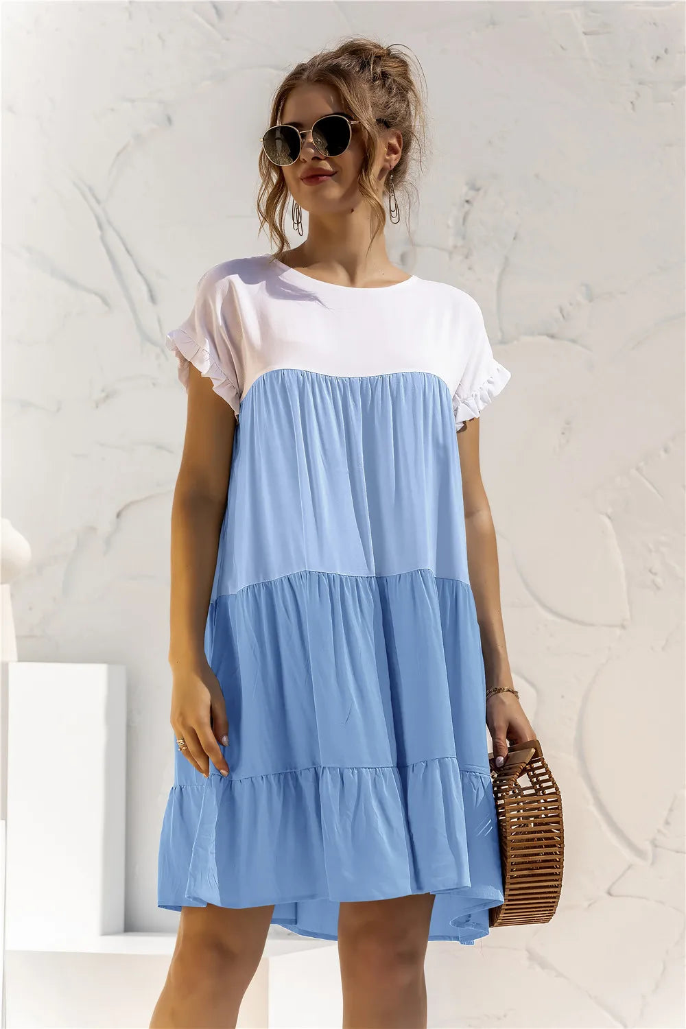 ANSZKTN Spring Summer Pacthwork Hot Selling Color Blocking Short Sleeve Loose Casual Dresses for Women