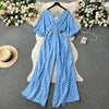 Casual V Neck Slim Jumpsuit for Women Puff Sleeve High Waist Printed Lace Long Jumpsuit Wholesale