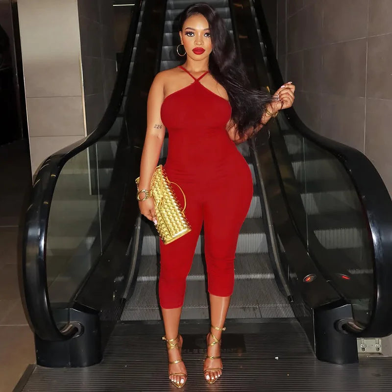 Sexy Halter Neck High Quality Ribbed Solid Color Casual Women Summer Jumpsuits One Piece