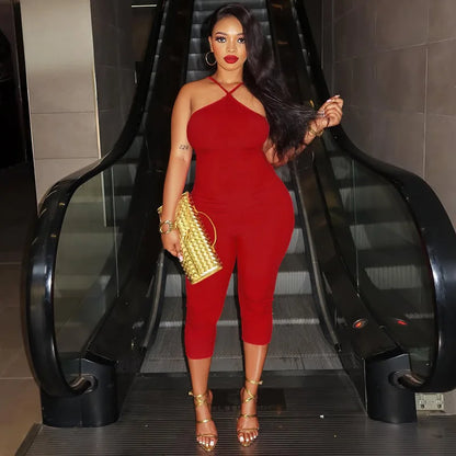 Sexy Halter Neck High Quality Ribbed Solid Color Casual Women Summer Jumpsuits One Piece