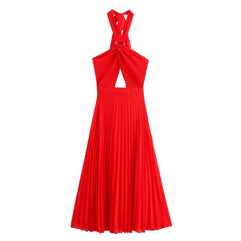 ZATRHMBM Summer Fashion Women's Backless Sleeveless Maxi Dress 2024 New Fashion Pleated Sexy Elegant Party Dress