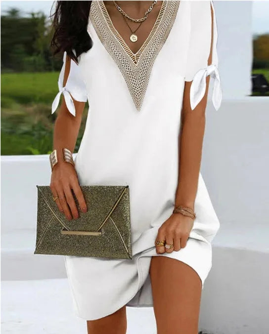 Summer  European and American Women's New Fashion Craft Cuff Slit Bow Solid Color Neckline Lace Dress