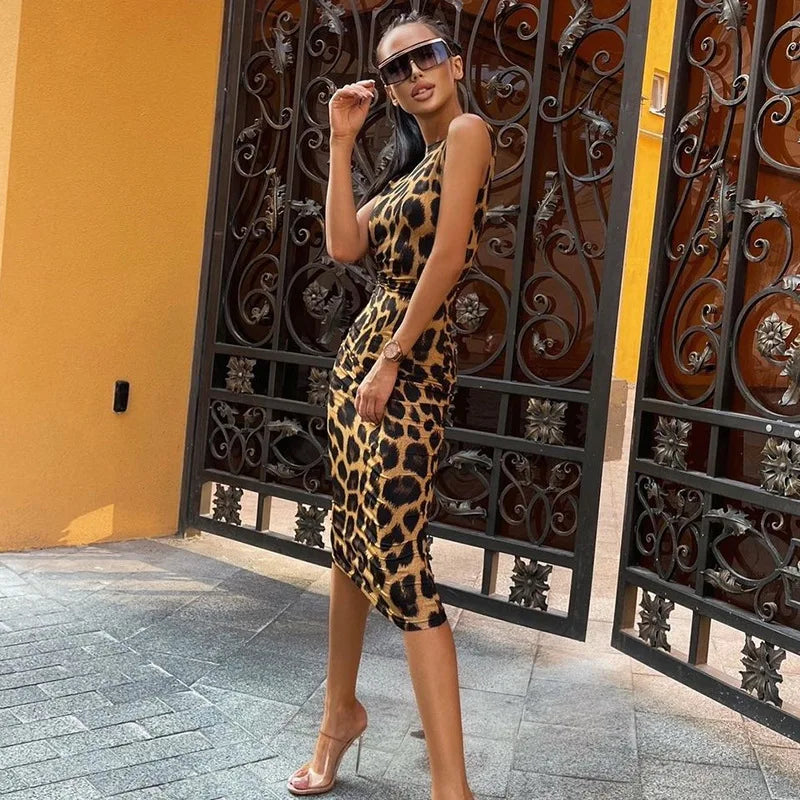 INS Wind New Summer Women's Clothing Ladies Fashion Round Neck Sleeveless Sexy Backless Slim Bodycon Leopard Casual Dresses