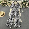 Casual V Neck Slim Jumpsuit for Women Puff Sleeve High Waist Printed Lace Long Jumpsuit Wholesale