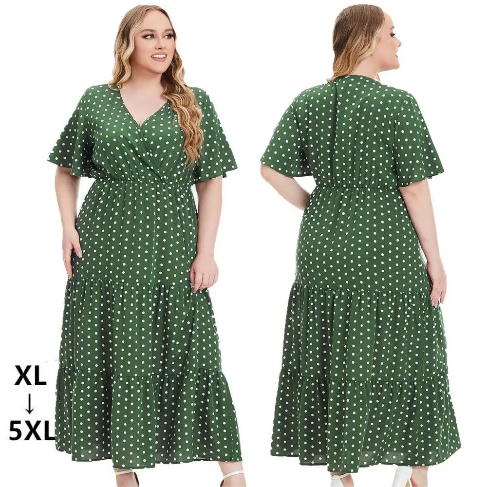 New XL-5XL V Neck a Line Plus Size Women's Maxi Dresses Summer Printed Dresses