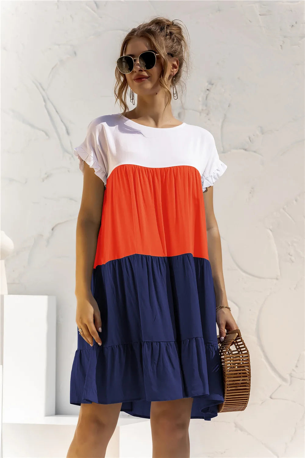 ANSZKTN Spring Summer Pacthwork Hot Selling Color Blocking Short Sleeve Loose Casual Dresses for Women