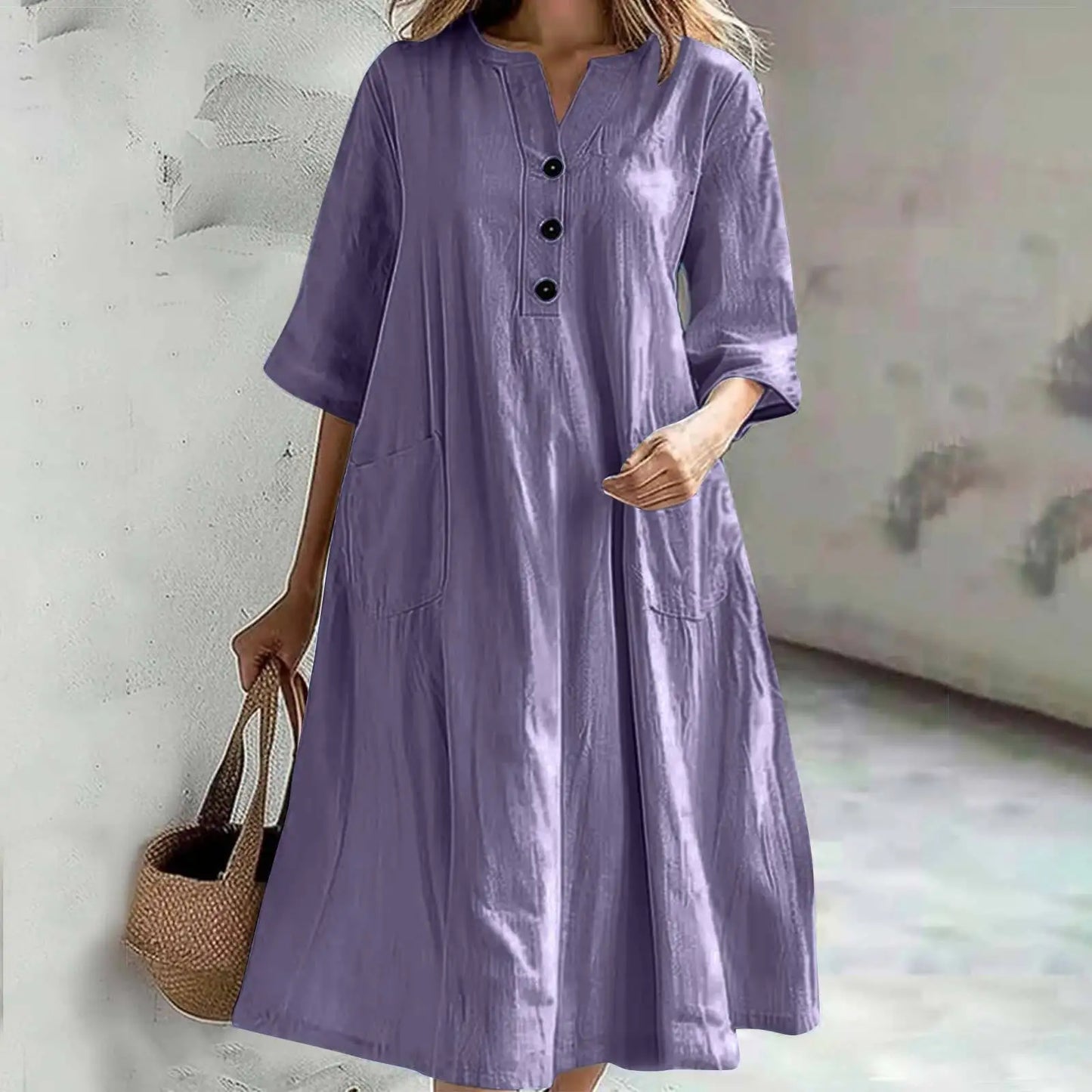 Women's Solid Color Medium Long Dress V-neck Half Sleeve Loose Pocket Dress Custom logo