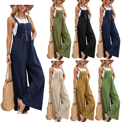 2025 Women's Summer Retro Style Jumpsuit New Style Solid Color Casual Strap Pants Loose Fit Breathable with Art Retro Pocket