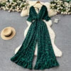 Summer Casual V-Neck Tunic Jumpsuit For Women Flare Sleeve High Waist Leopard Printed Lace Long Jumpsuit Wholesale