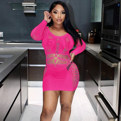 Summer Party Club Beach Wear Women's Long Sleeve Mini Dress Bodycon Sexy Body Shape Hollow Out See Through Mesh Dresses Women