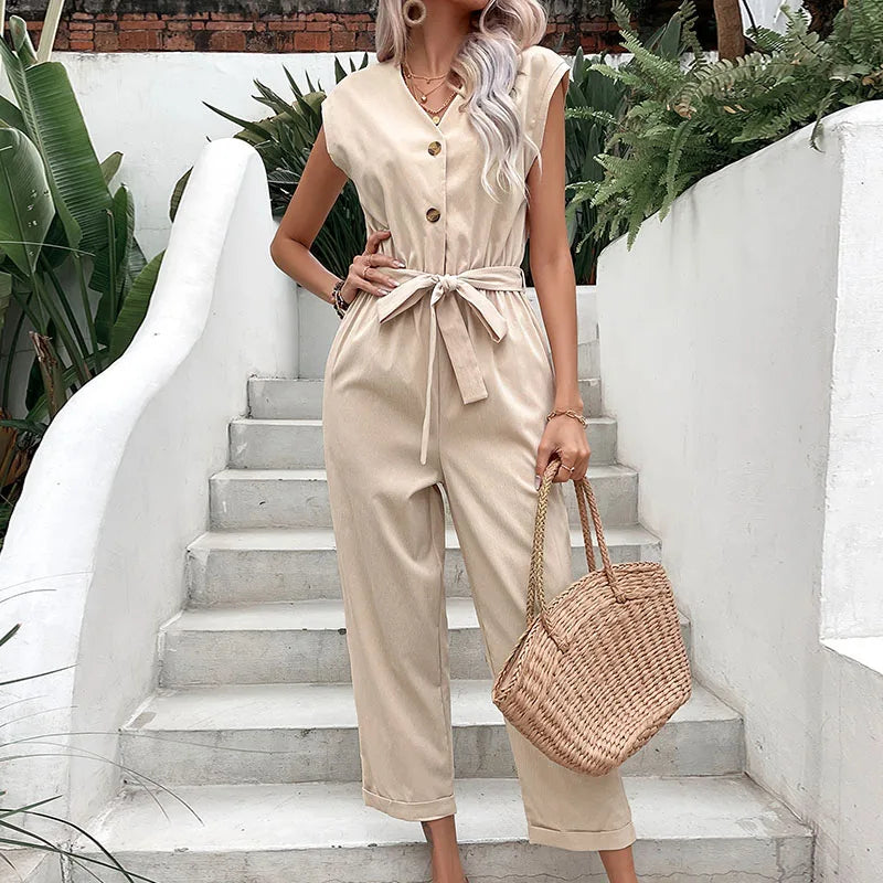 Elegant Ladies Sleeveless V Neck Buttons Long Pants Jumpsuit Soild Colour Casual Jumpsuits