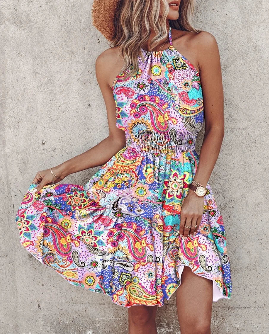 Women Clothes 2024 Spring and Summer New Fashion Sexy Off-shoulder Halter Neck Pattern Print Women's Dress
