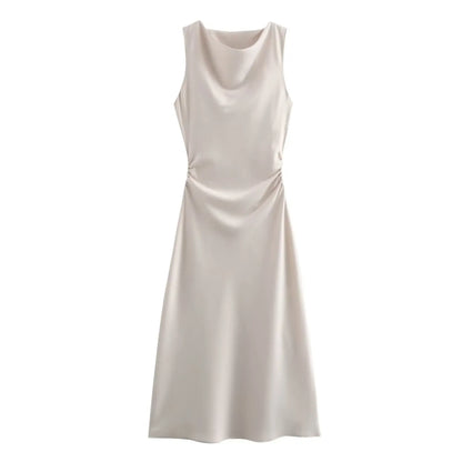 2024  Women's Purple Satin Midi Dress New Sleeveless Slim Pleated Vest Long Skirt Pattern Solid Vestidos Mujer