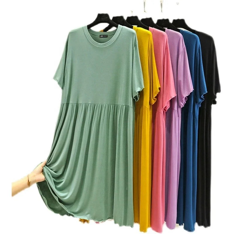 Summer New Women'S Loose Versatile Short-Sleeved Round Neck Nightgown Solid Color Dresses