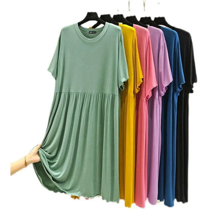 Summer New Women'S Loose Versatile Short-Sleeved Round Neck Nightgown Solid Color Dresses