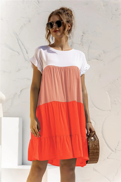 ANSZKTN Spring Summer Pacthwork Hot Selling Color Blocking Short Sleeve Loose Casual Dresses for Women