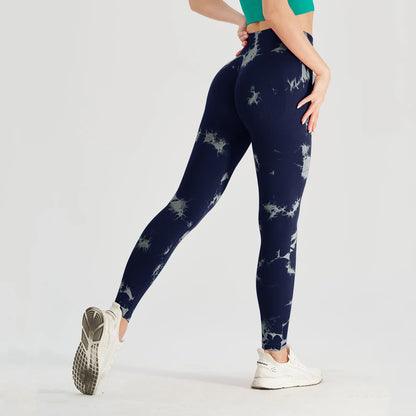 Seamless High Waist Yoga Tights Women Tie-Dye Ruched Butt Lifting Sports Leggings