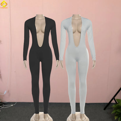 New Fall Sexy Solid Color Stretch Backless Deep v Neck Slim Long Sleeve One Pieces Jumpsuit Bodysuit
