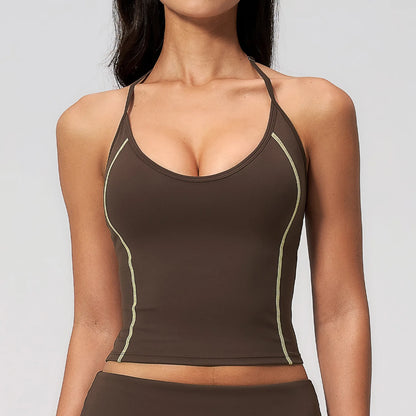 Women's Halter Neck Contrast Stitch Workout Cami Top Custom Logo U-Neck Longline Yoga Tank with Built-in Bra Sports Top