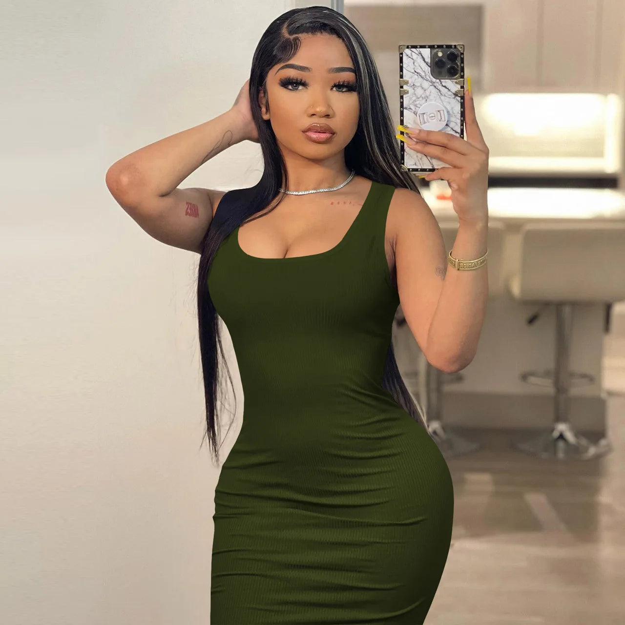 2024 Women's Elegant Summer Bodycon Maxi Dress Square Collar Sleeveless Casual Party Natural Waist Digital Printing Breathable