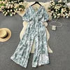Casual V Neck Slim Jumpsuit for Women Puff Sleeve High Waist Printed Lace Long Jumpsuit Wholesale