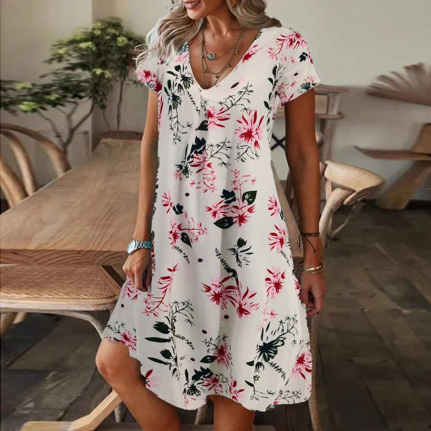 Women's Party Formal V-Neck Summer Jersey Dress Long Knee Floral Printed Full Digital Regular Fit Short Sleeved Woven Breathable