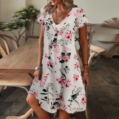 Women's Party Formal V-Neck Summer Jersey Dress Long Knee Floral Printed Full Digital Regular Fit Short Sleeved Woven Breathable