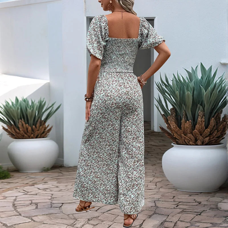 Floral Print Jumpsuit Bubble Sleeves Women's Jumpsuits Playsuits Slim Fit Tight Square Collar Shirring Wide Leg Pants Rompers