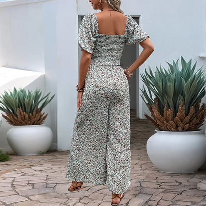 Floral Print Jumpsuit Bubble Sleeves Women's Jumpsuits Playsuits Slim Fit Tight Square Collar Shirring Wide Leg Pants Rompers