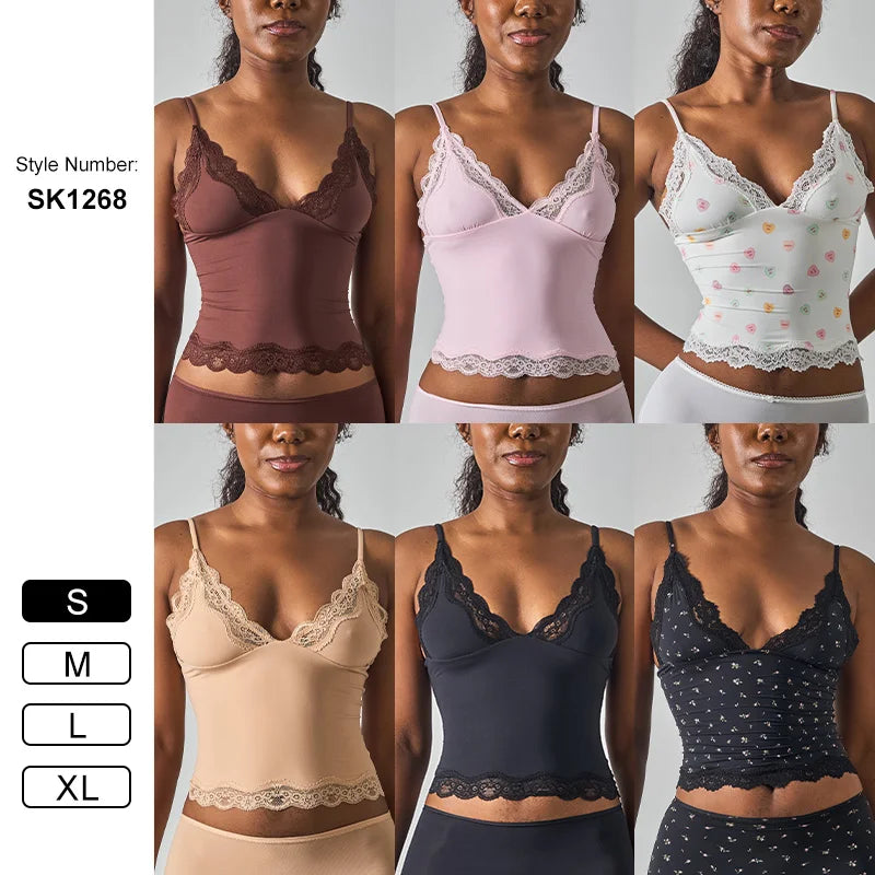 SK1268 Deep V Lace Trim Sleeveless  Cami Top with Nylon Spandex Fabric Mid Stretch Slim Fit Daily Layering Tank