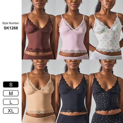 SK1268 Deep V Lace Trim Sleeveless  Cami Top with Nylon Spandex Fabric Mid Stretch Slim Fit Daily Layering Tank