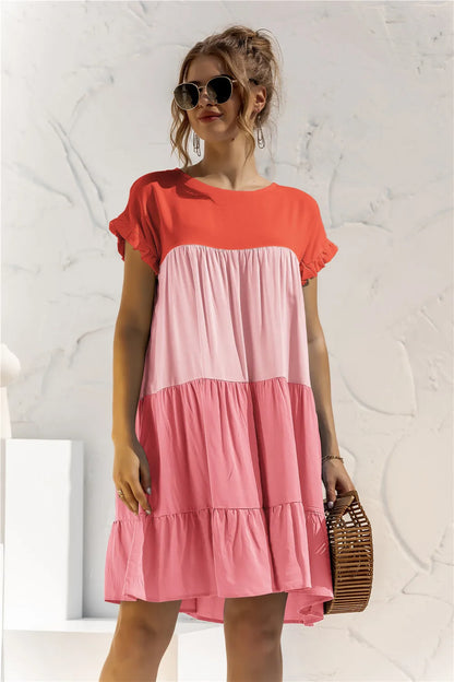 ANSZKTN Spring Summer Pacthwork Hot Selling Color Blocking Short Sleeve Loose Casual Dresses for Women