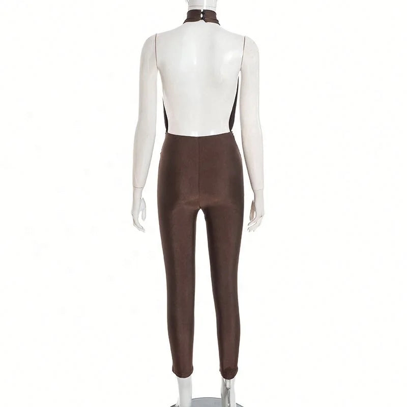 Autumn Sexy Women Sleeveless Halter Hollow Out Jumpsuits