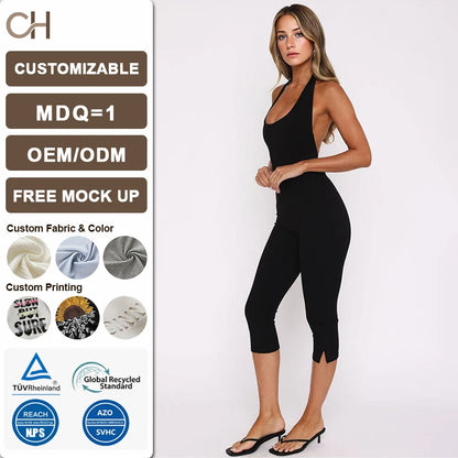 Sexy Cami Jumpsuit for Women 7/8 Length Pants Stretch Soft Bodysuit Casual Sporty Comfy Daily Wear Slim One Piece Outfit