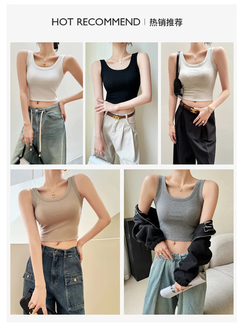 XIYU Women Fashion Slim Fit Tank Top With Built-in Padded Bra Solid Color Short Style Cami for Daily Wear