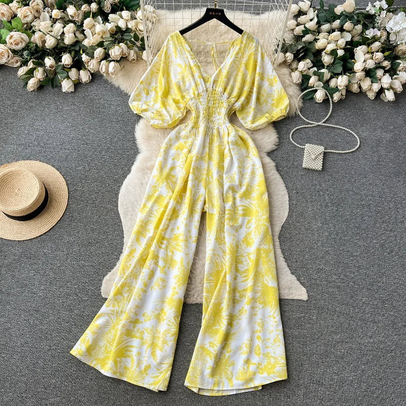 Casual V Neck Slim Jumpsuit for Women Puff Sleeve High Waist Printed Lace Long Jumpsuit Wholesale
