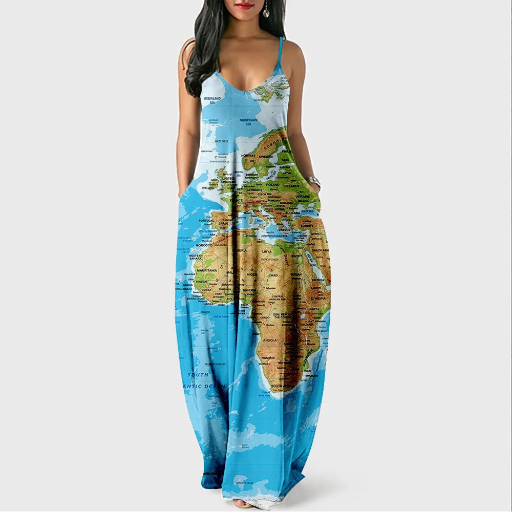 New Arrival Women Summer Clothing Earth Prints Long Maxi Dress Luxury Beachwear Clothes Plus Size 4XL Women's Cami Sun Dresses