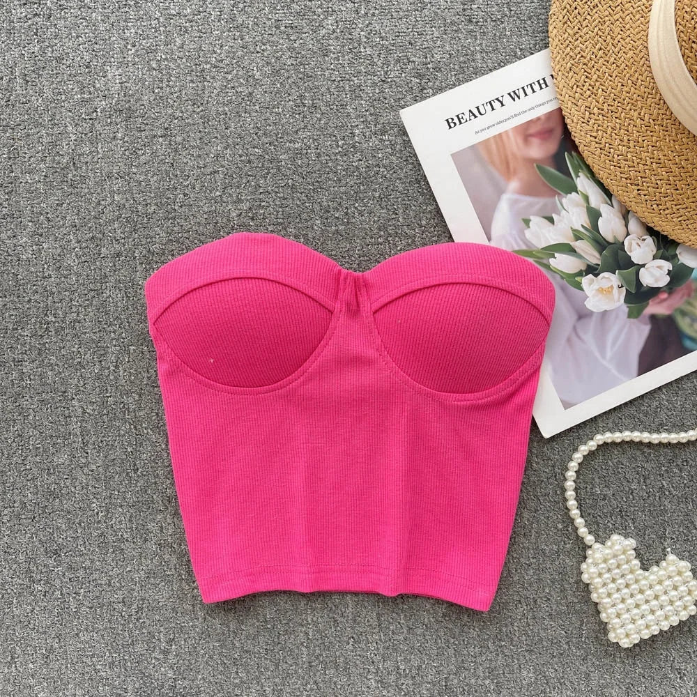 2024 Summer Sexy Crop Top Women Sleeveless Strapless Solid American Style Cami Tank Top Girls Bustier Corset Shirt Top Wholesale